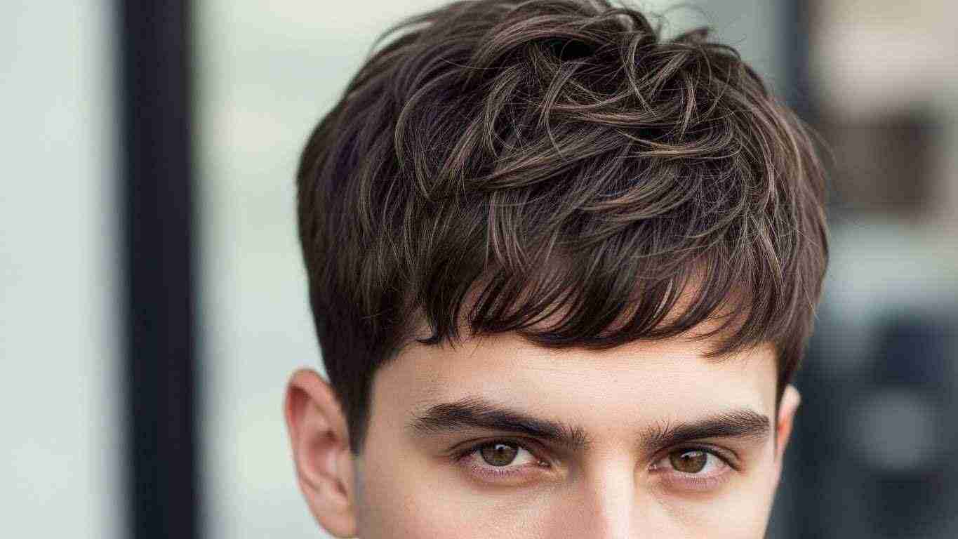 A young man with a short, textured fringe hairstyle, showcasing a modern messy crop look.
