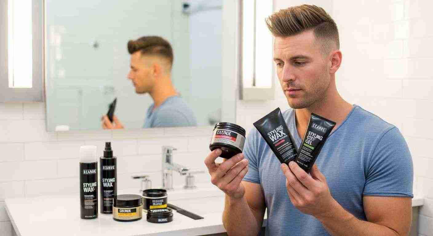 A man examines various hair products while considering the best options for styling his hair.