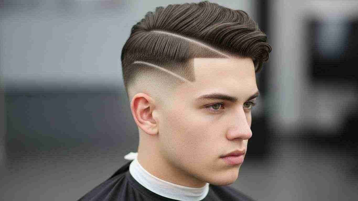 A young man sporting a side part with a taper fade haircut, showcasing a modern and stylish look. 
