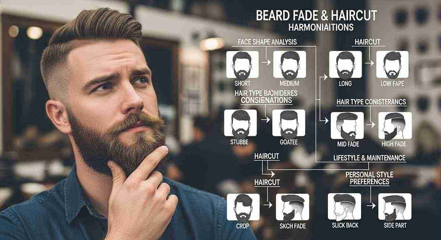 A man with a beard stands next to a chart illustrating beard trimming styles and haircut combinations.