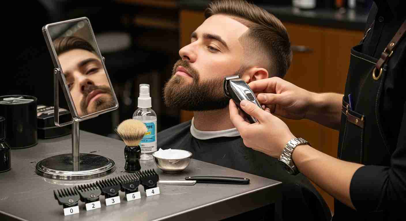 A man receives a beard trim from a barber using tools for a seamless fade into the beard.
