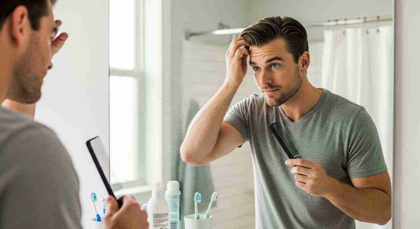 Professional Haircuts Men Love for a Sharp Clean Look 19 A man brushes his hair while looking in the mirror, embodying confidence through daily grooming practices.