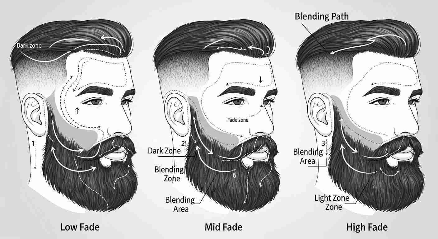 Illustration showing stages of beard growth with emphasis on fade zones and blending paths for men's beard styles. 