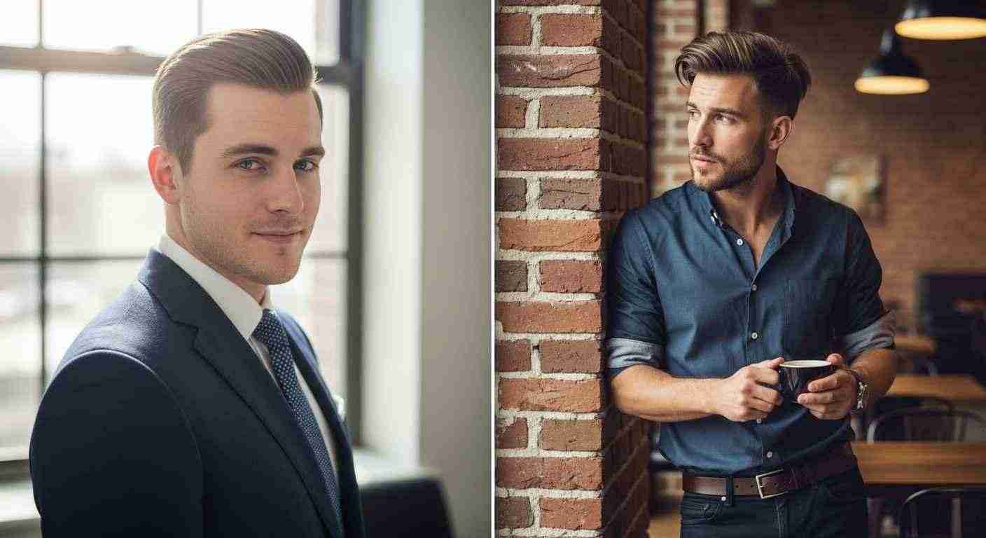 Professional Haircuts Men Love for a Sharp Clean Look 1 Two photos of a man in a suit and a man in a shirt, both with professional haircuts, showcasing a polished appearance.