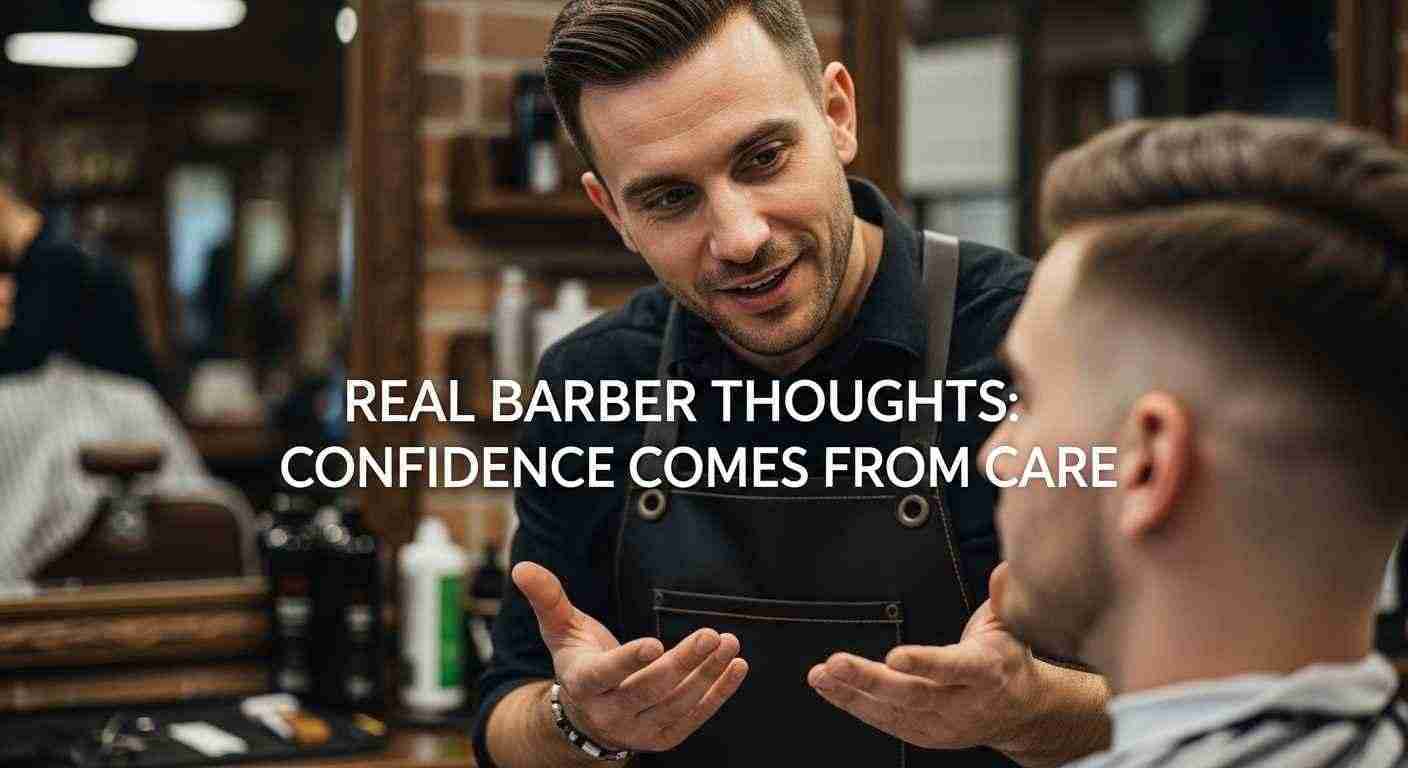 Professional Haircuts Men Love for a Sharp Clean Look 15 A man converses with another man in a barber shop, emphasizing the theme "Confidence Comes from Care.