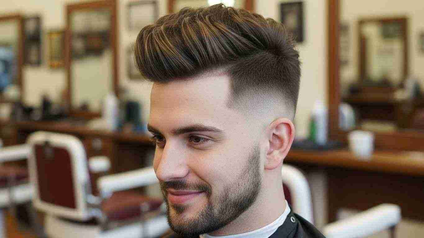  A man with a beard and a high fade haircut with a textured top sits in a barber shop.