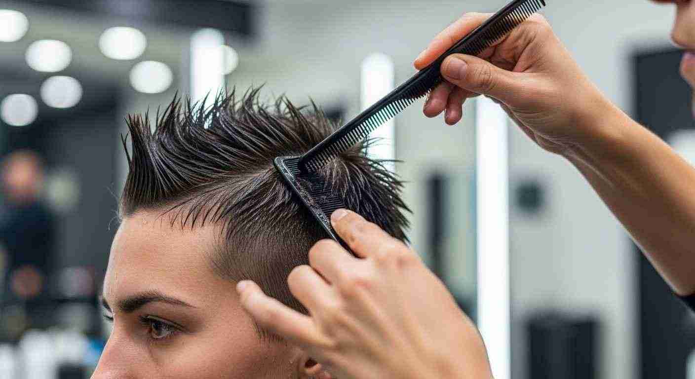 A woman is skillfully cutting a man's hair with scissors, preparing it for stylish spikes.