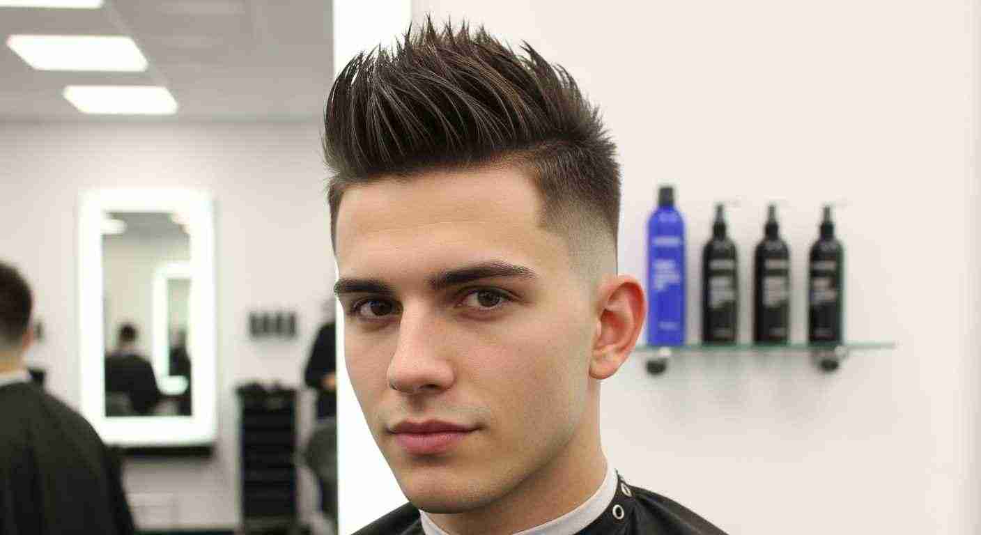 A young man with a mohawk haircut sits in a barber shop, showcasing a stylish look for long-lasting hold.