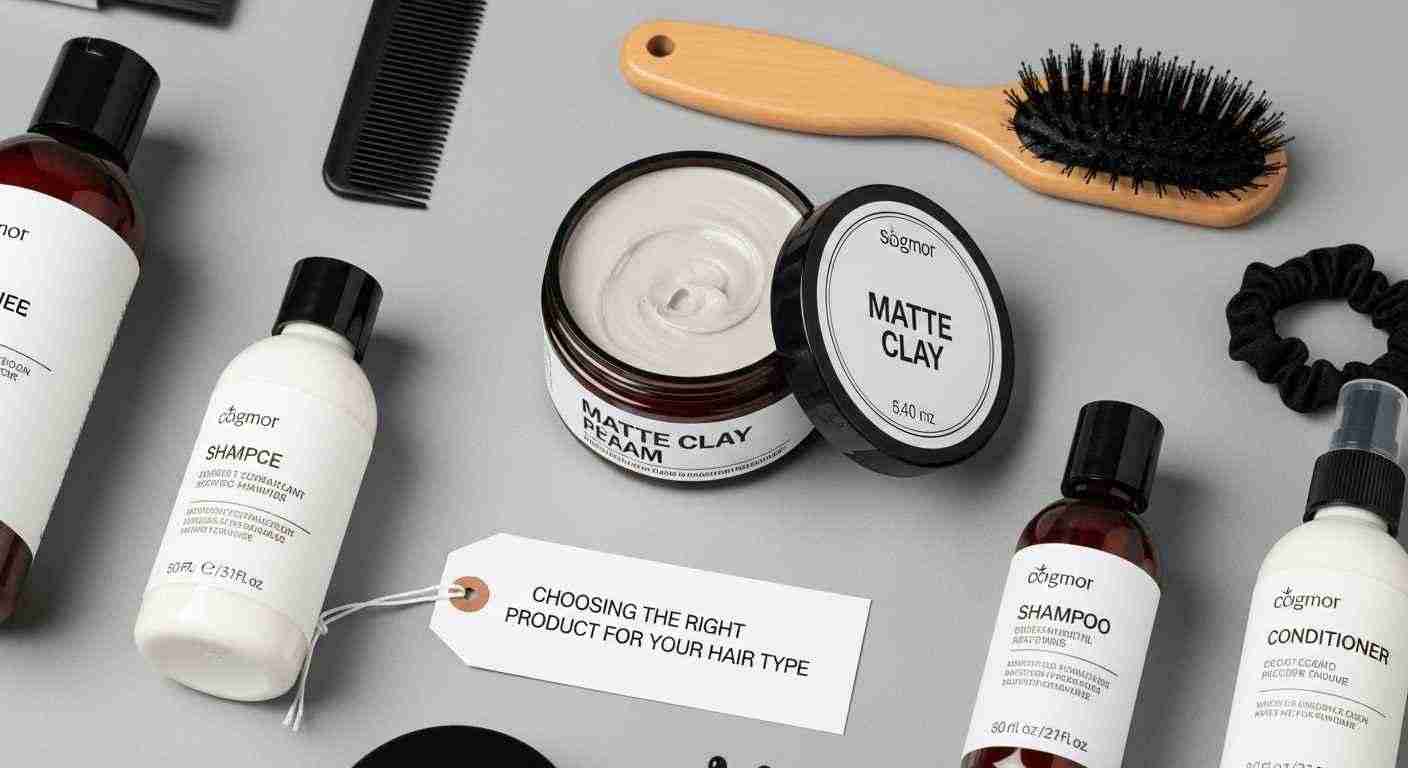 Professional Haircuts Men Love for a Sharp Clean Look 11 A selection of hair care products displayed on a table, emphasizing the theme of choosing the right product for your hair type.
