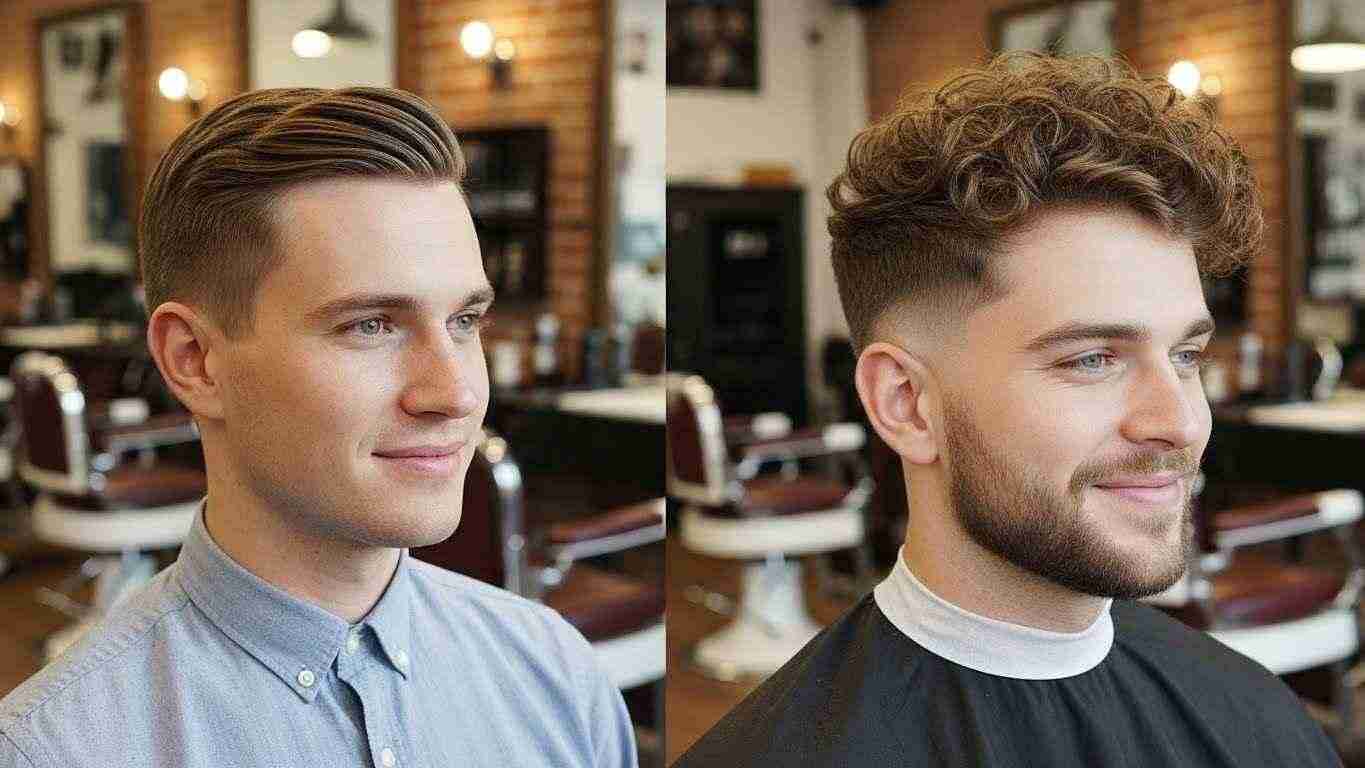 Two men with distinct hairstyles sit in a barber shop, showcasing the variety of haircuts suited for different hair types.
