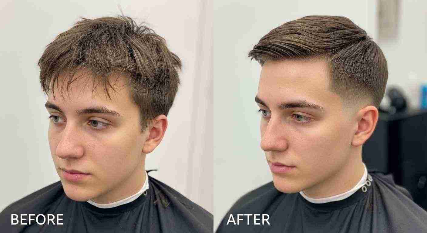 Professional Haircuts Men Love for a Sharp Clean Look 13 Before and after image showing a haircut with a fade, illustrating a polished look for maintaining professionalism.