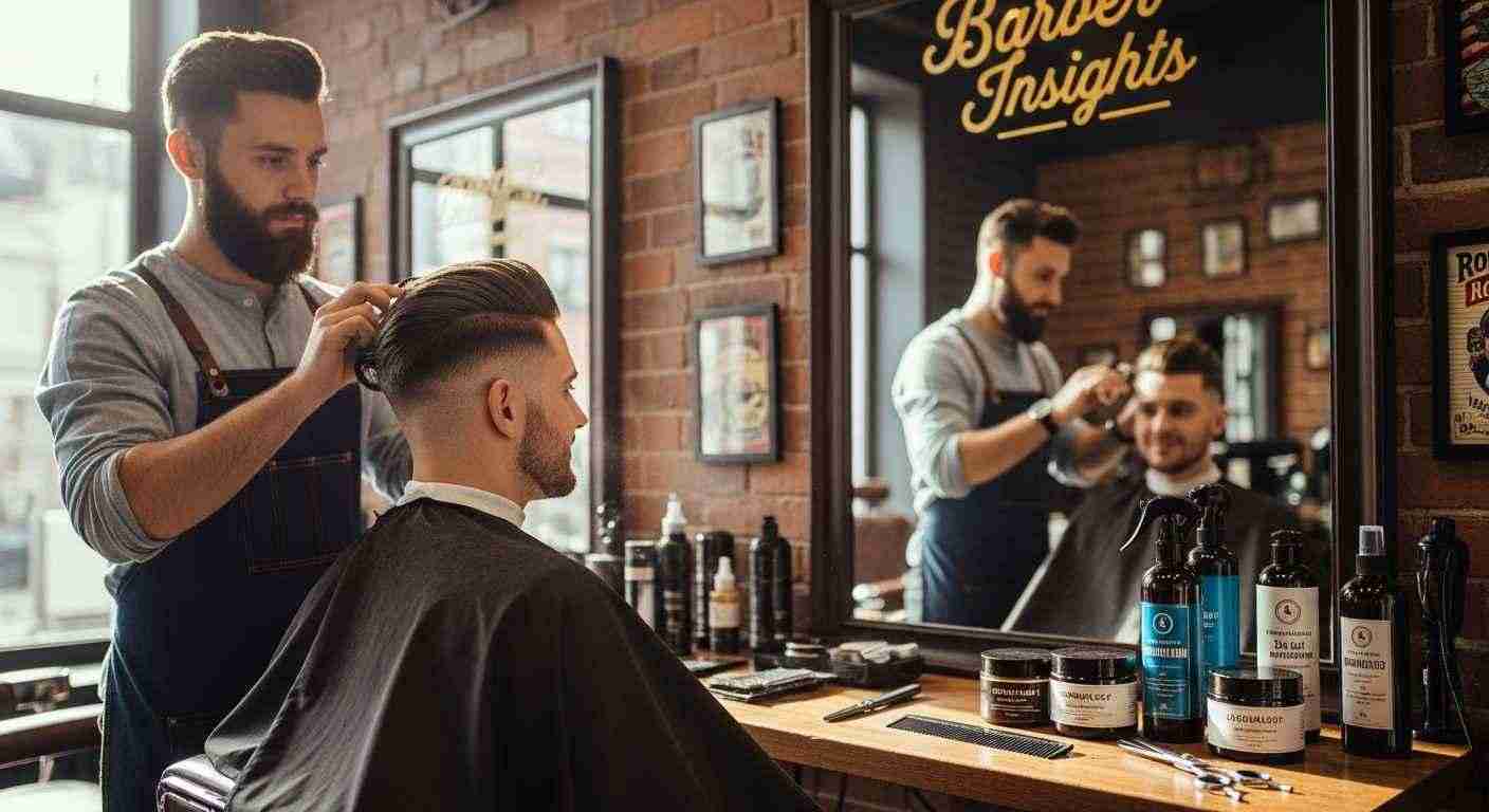 Professional Haircuts Men Love for a Sharp Clean Look 9 A man receives a haircut from another man, showcasing barber skills and styling products for a polished appearance.