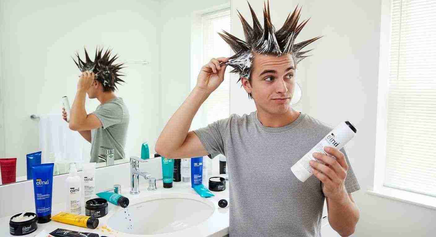 A man with a mohawk styles his hair, using an excessive amount of hair product.