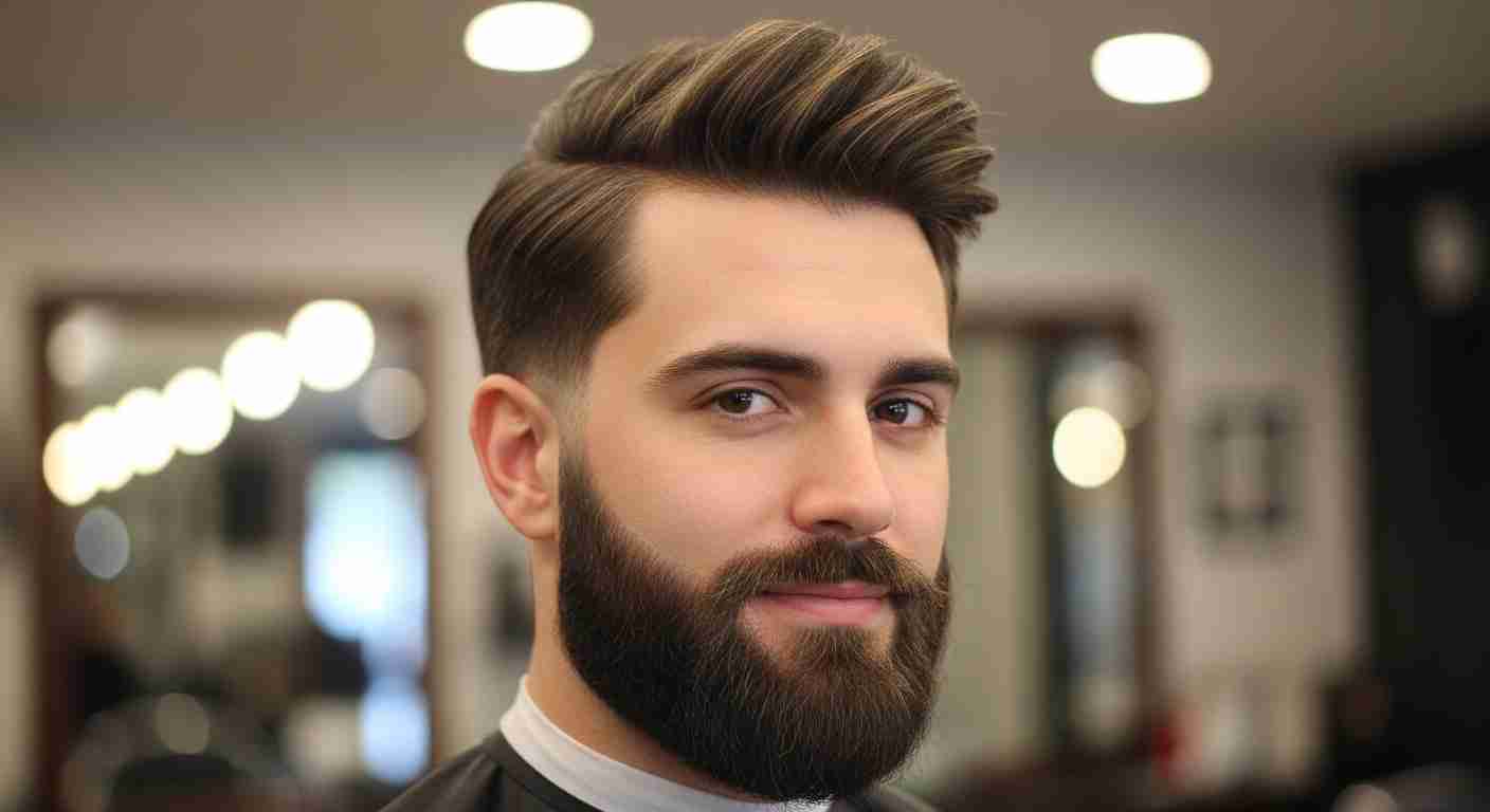 A man with a well-groomed beard and stylish haircut, showcasing balanced hair and beard density alignment.
