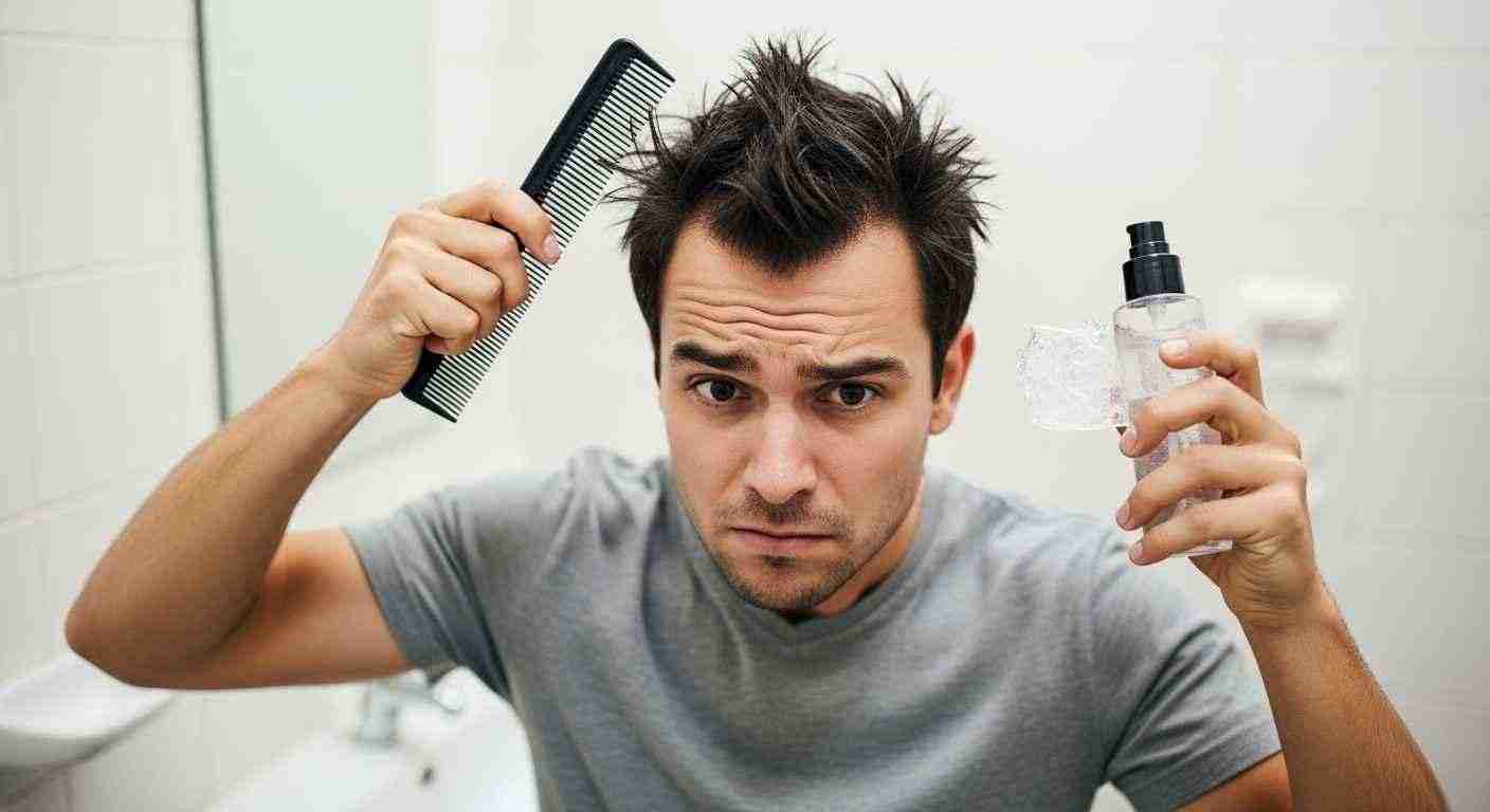 A man combs his hair while holding a bottle of hair spray, demonstrating a quick styling routine without pre-styling prep.