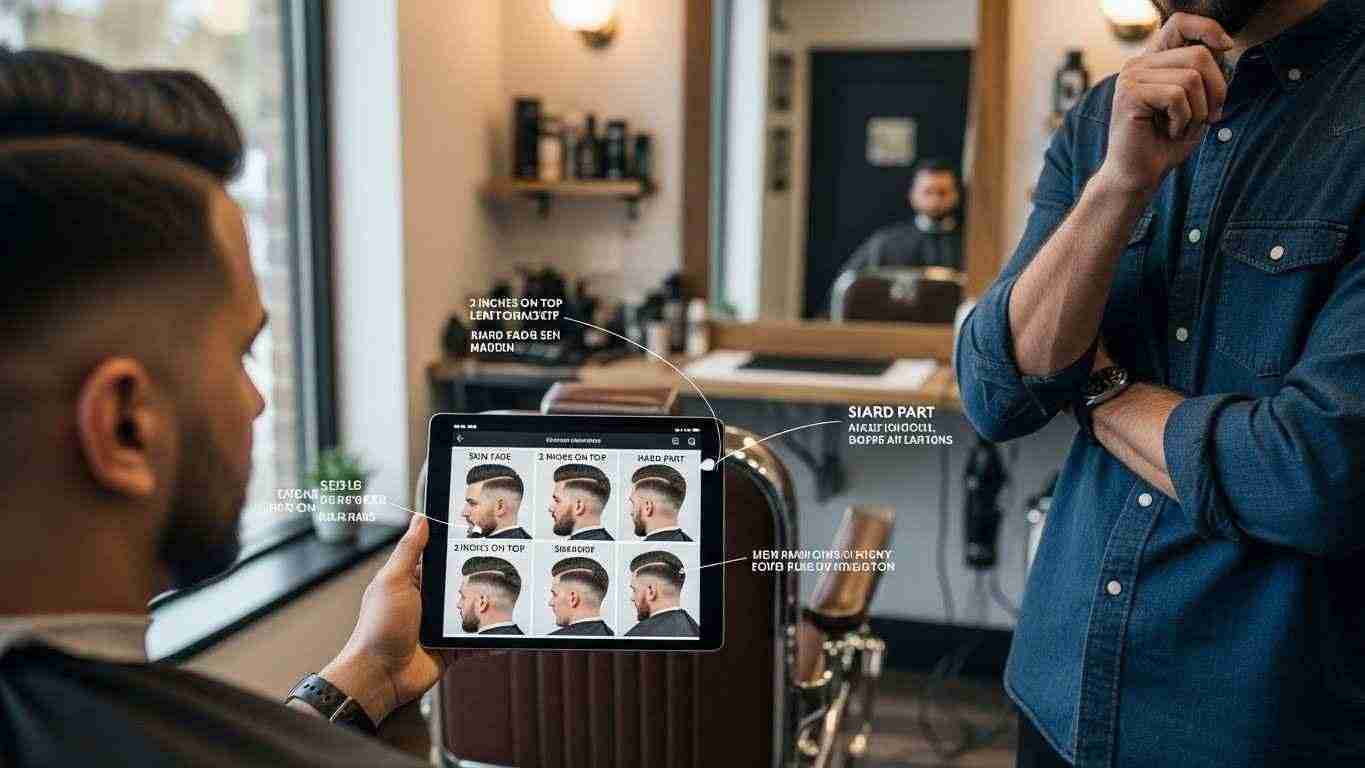 A man examines a tablet displaying a photo of his face, illustrating a haircut style for his barber. 
