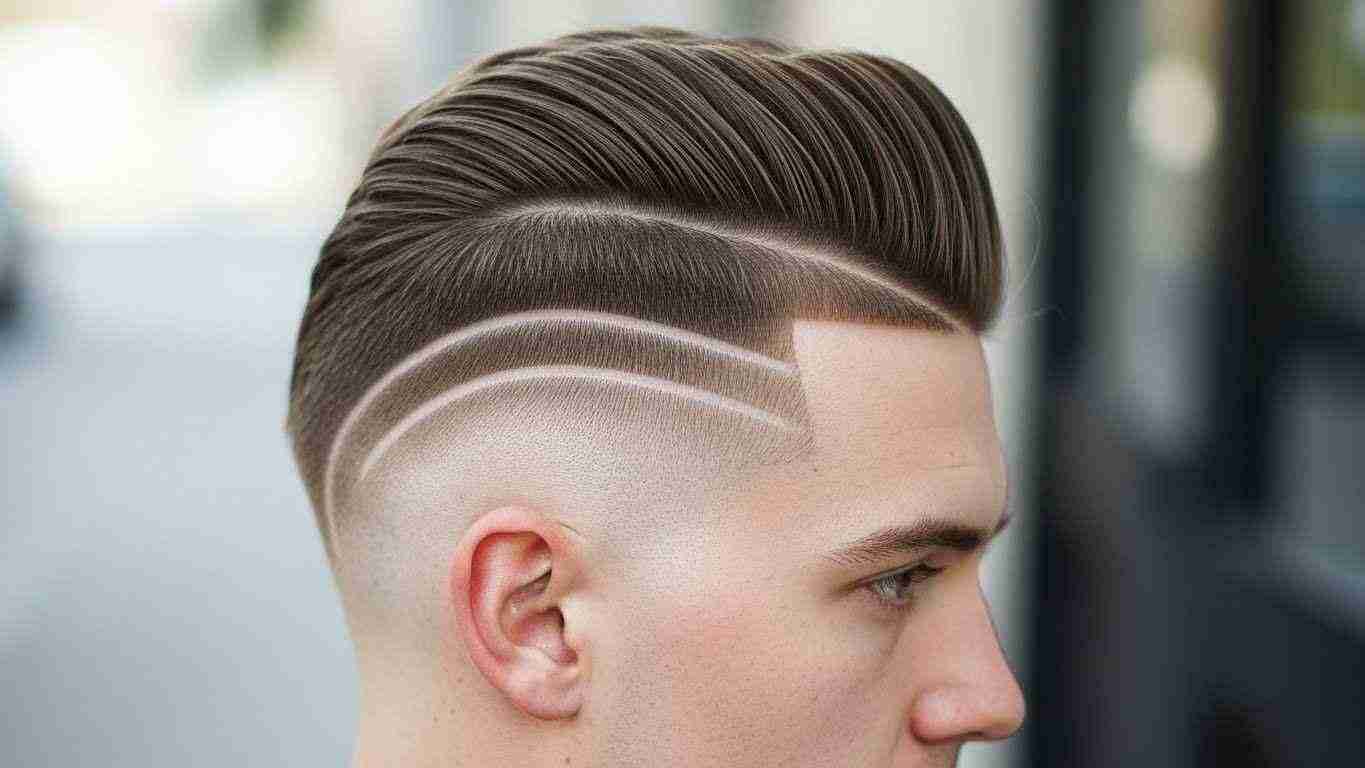 A man with a shaved undercut and fade, featuring a high contrast line that defines the shape of his haircut. 