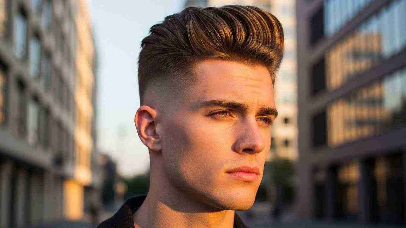 A man sporting a high top haircut, featuring a high and tight style with longer hair on top.