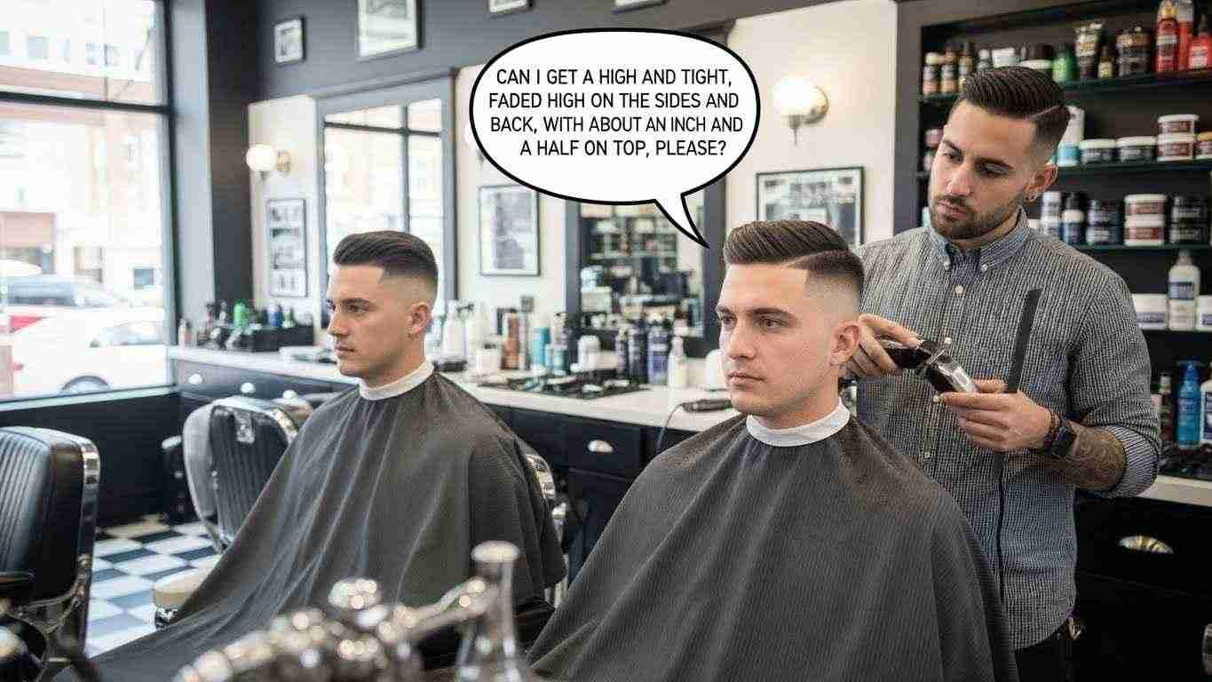 A man receives a high and tight haircut from another man at a barbershop.