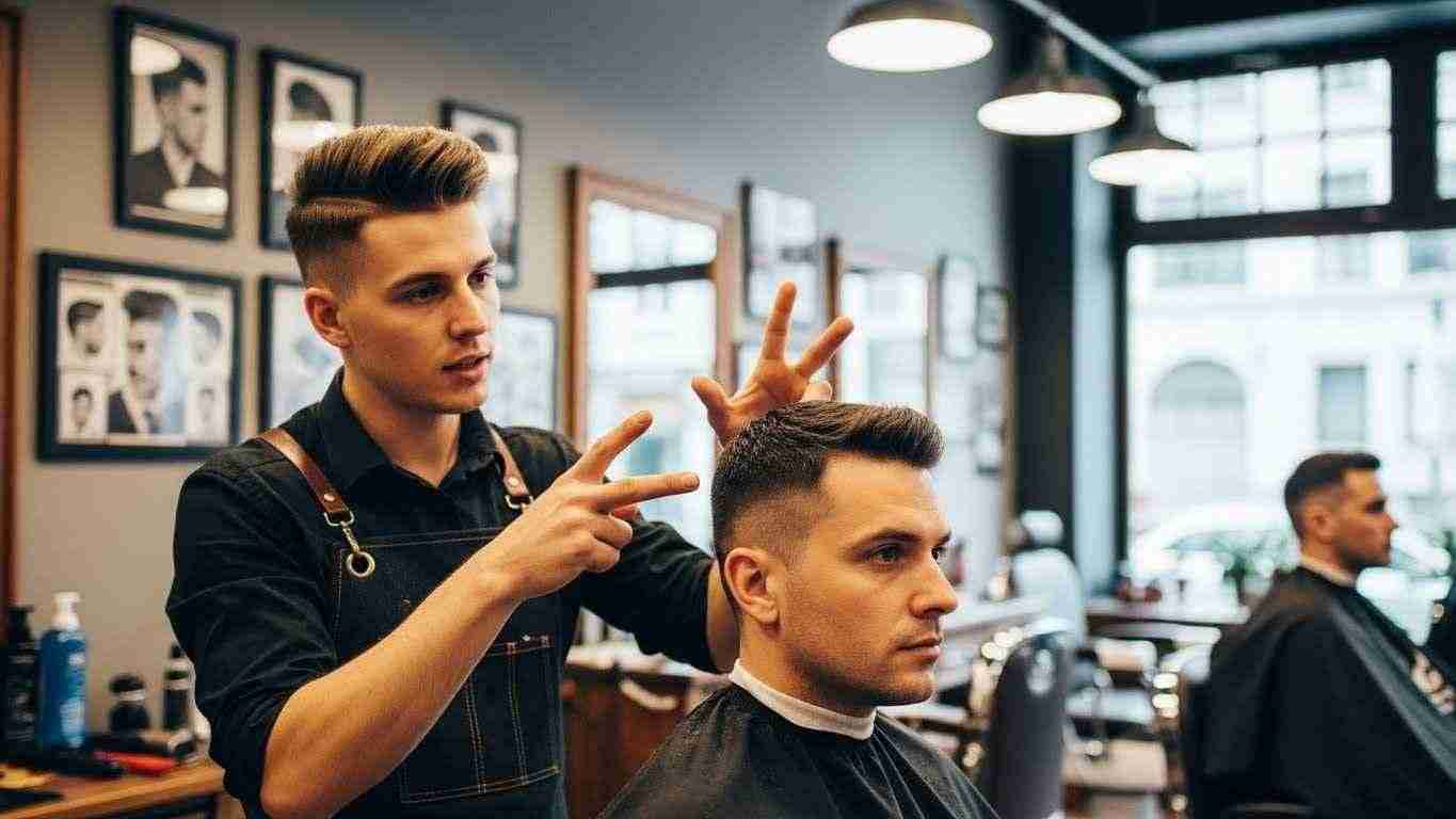 A man receives a haircut from another man, discussing the desired length for the sides of his hairstyle. 