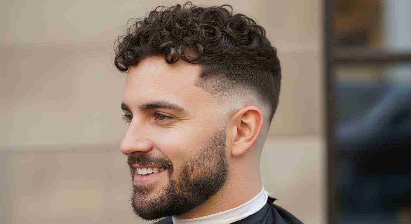 "Low taper fade haircut on men with curly hair showing smooth transition from short sides to longer curls on top."