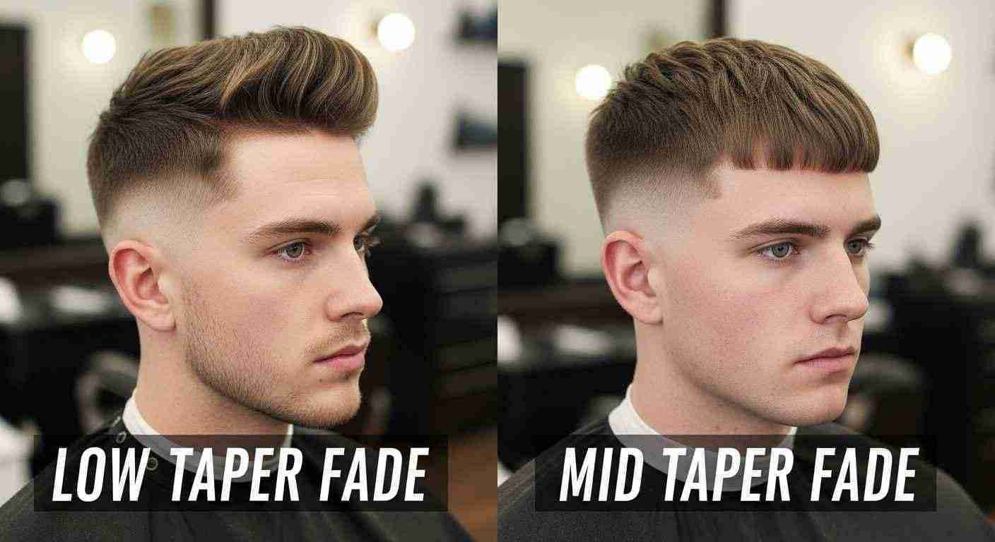 Two images of a man showcasing a mid taper fade haircut, comparing low taper fade and mid taper fade styles.