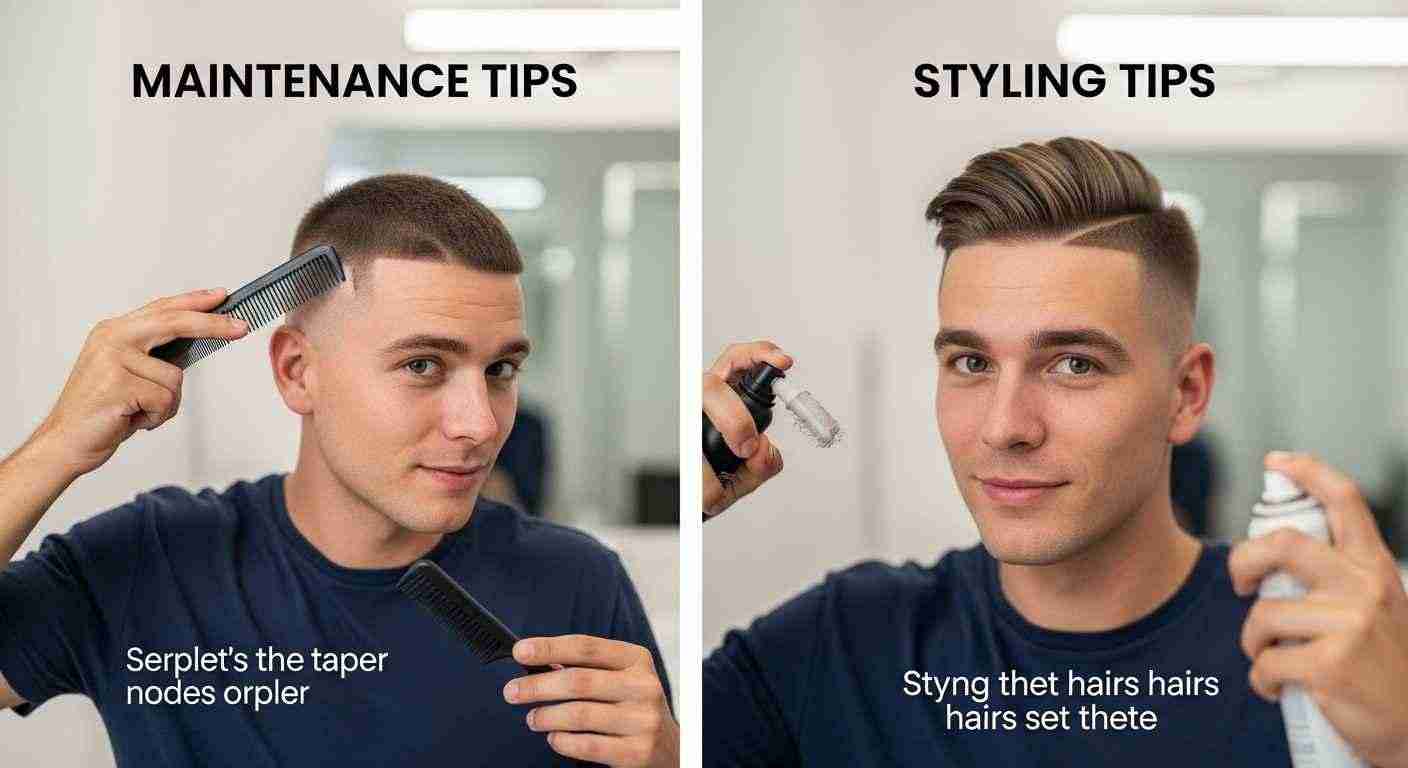 Two images of a man using a comb and razor, demonstrating maintenance and styling tips for a low taper fade haircut.