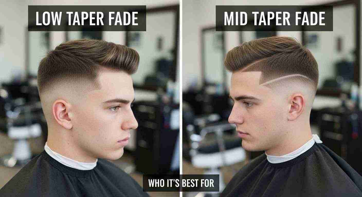 Two images of a man showcasing a low taper fade hairstyle, comparing it to a mid taper fade for style options.
