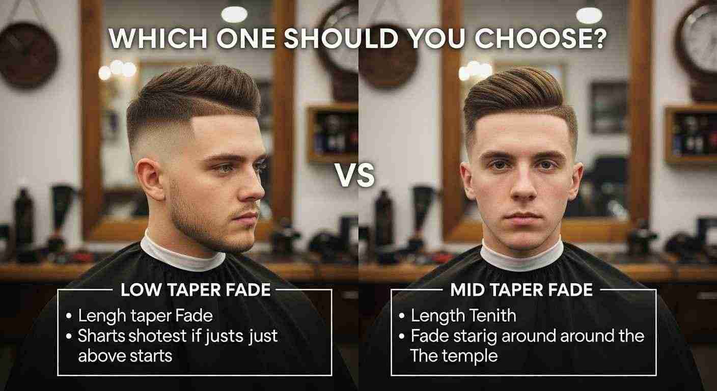  Two men with distinct hairstyles, one featuring a low fade, discussing low taper fade versus mid taper fade options.