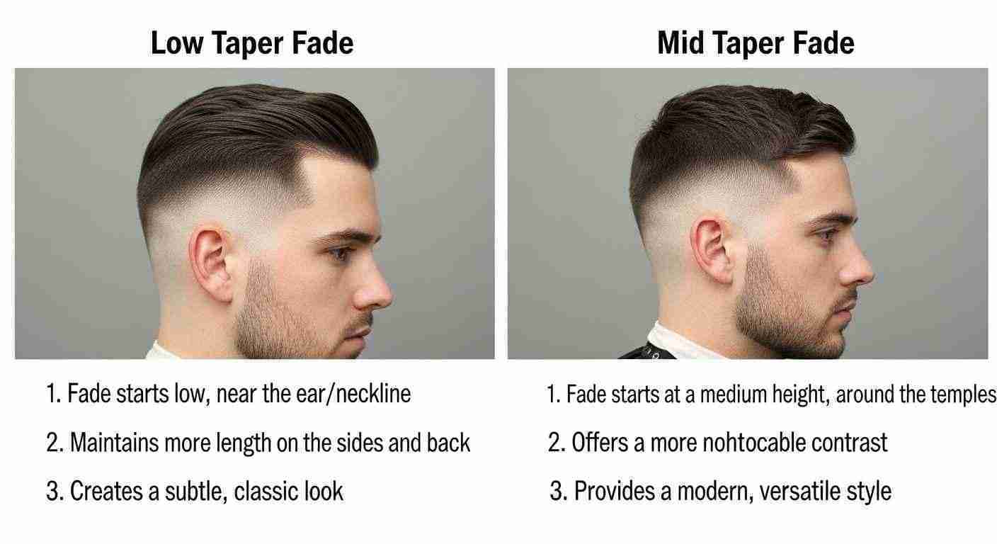 Comparison of low taper fade and mid taper fade haircuts for men, highlighting style, length, and maintenance differences.