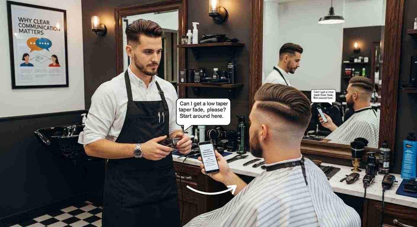 A man receives a low taper fade haircut from a barber, illustrating effective communication in hairstyling.