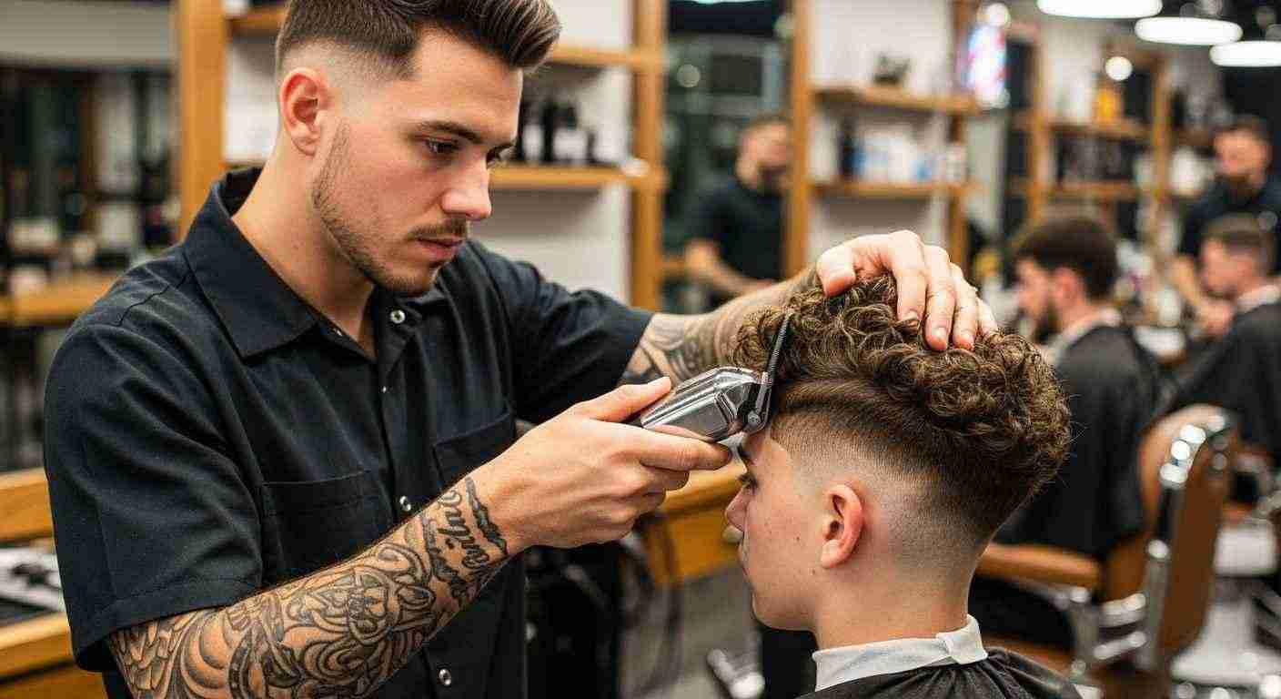 "Barber using precise techniques to shape and blend a curly low taper fade on a client."