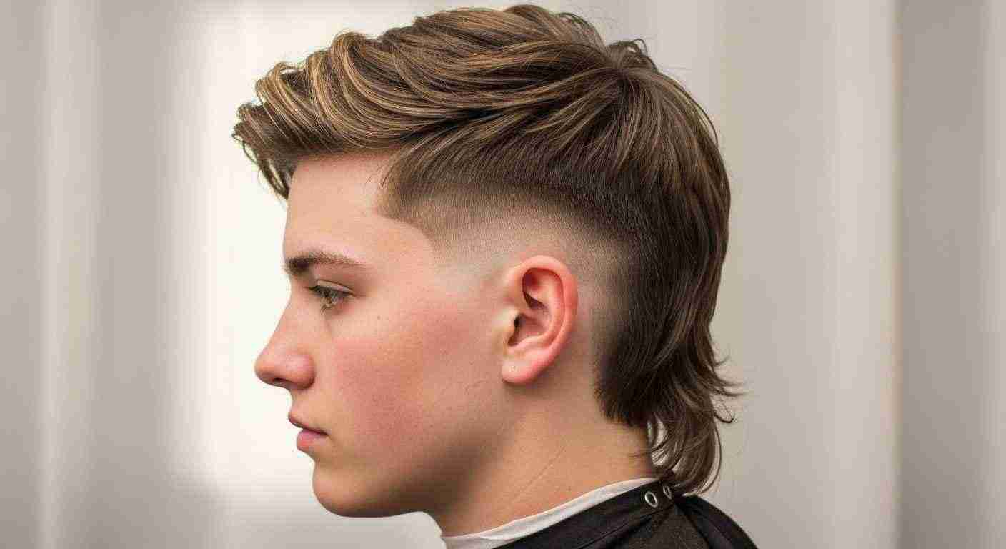 A young man sporting a mohawk haircut with a mid burst fade mullet style.