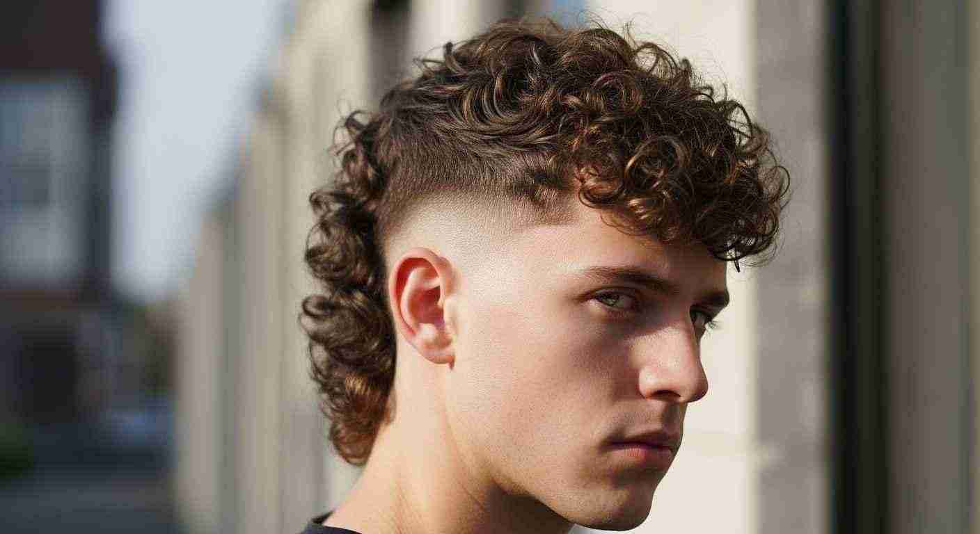 A young man with a curly burst fade mullet hairstyle, featuring a prominent mohawk and vibrant curls. 