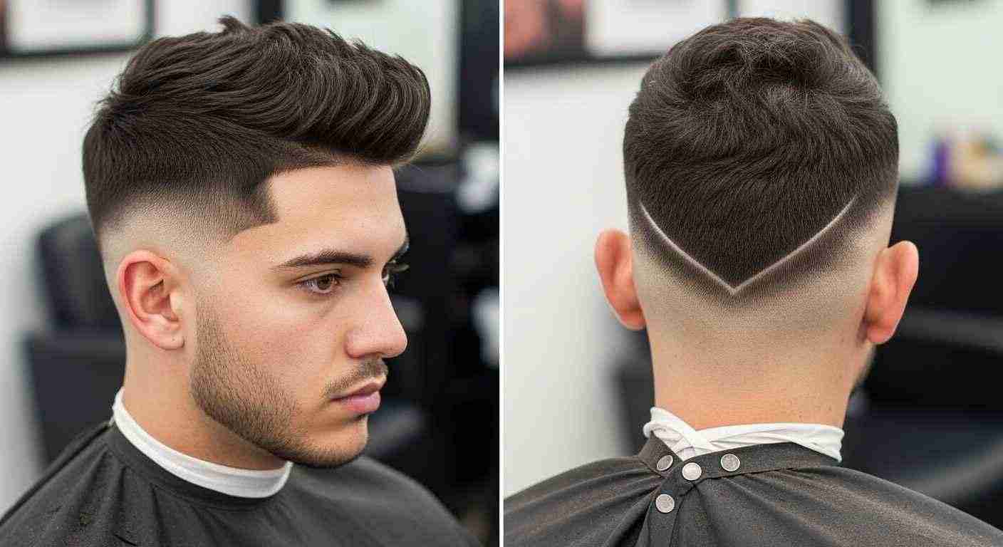 Two images of a man showcasing a fade haircut with a burst taper variation from different angles.