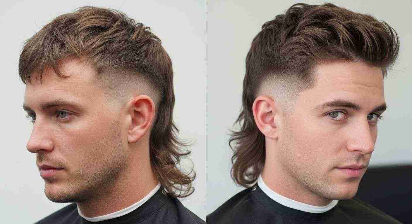 Burst Fade Mullet: 15 Best Styles For UK Men 25 Two images comparing Burst Fade and Drop Fade hairstyles on a man with long hair styled in a mullet.