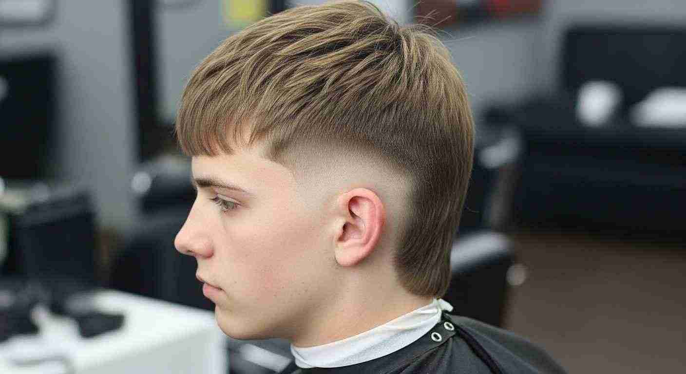 A young man with a shaved head receiving a Burst Fade Mullet V-Cut in a modern barber shop setting.