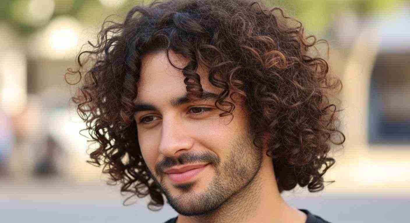  A man with curly hair and a beard, looking thoughtfully to the side against a neutral background for low taper fade.