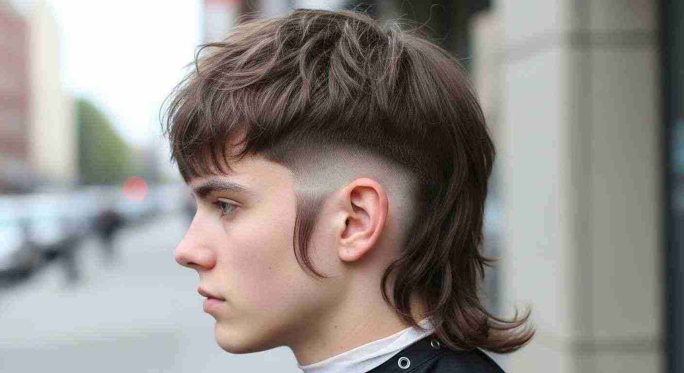 Burst Fade Mullet: 15 Best Styles For UK Men 11 A young man with a shaved head and a shag mullet styled with a burst fade, showcasing a unique mohawk hairstyle.