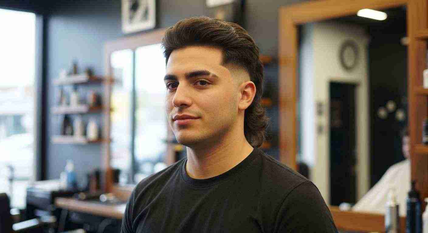A man in a barber shop wearing a black shirt, showcasing a low burst fade mullet hairstyle.