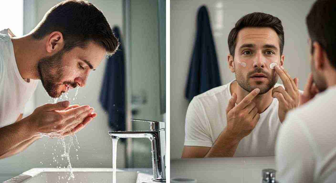  Two images of a man in a bathroom, one showing him looking in the mirror, emphasizing the theme "Wash and Hydrate.