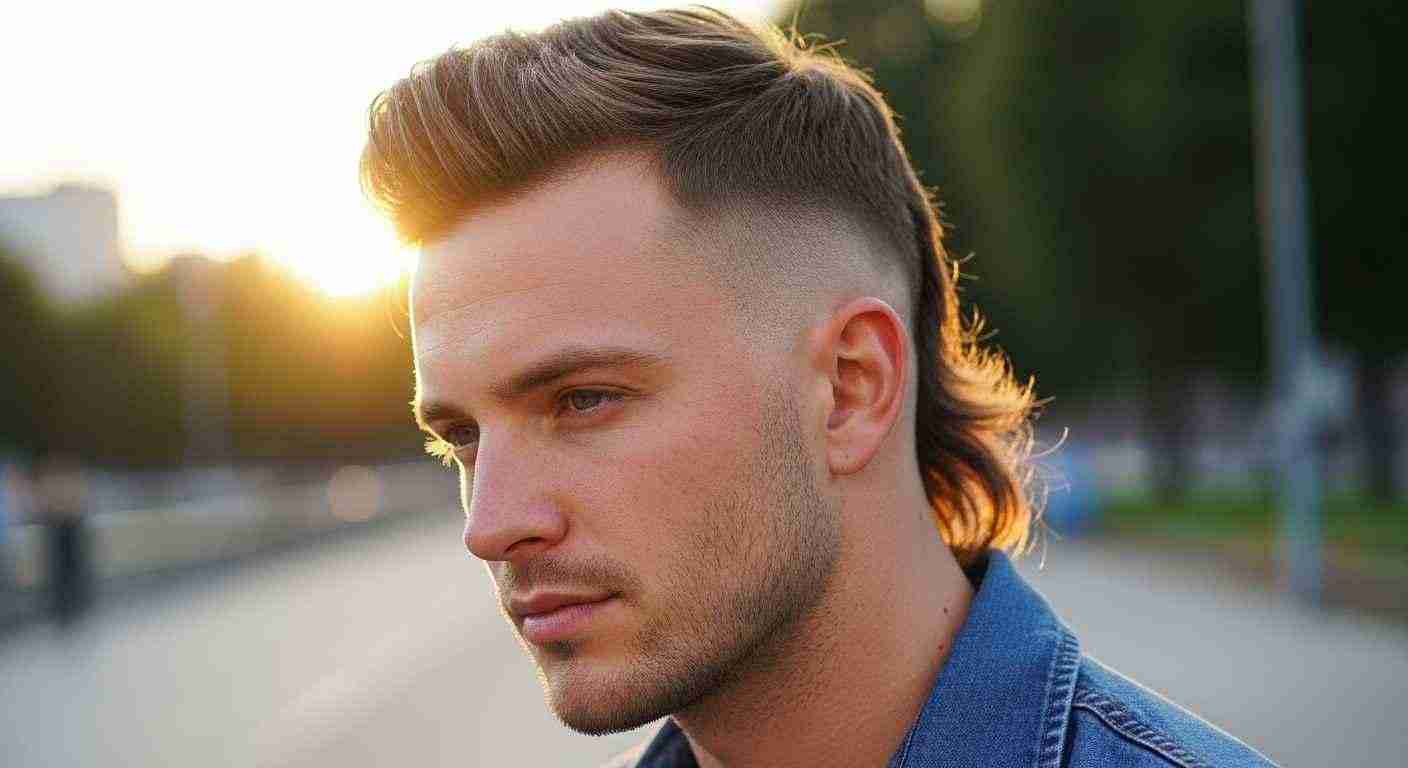 A man with a Skin Burst Fade Mullet hairstyle wearing a denim jacket.