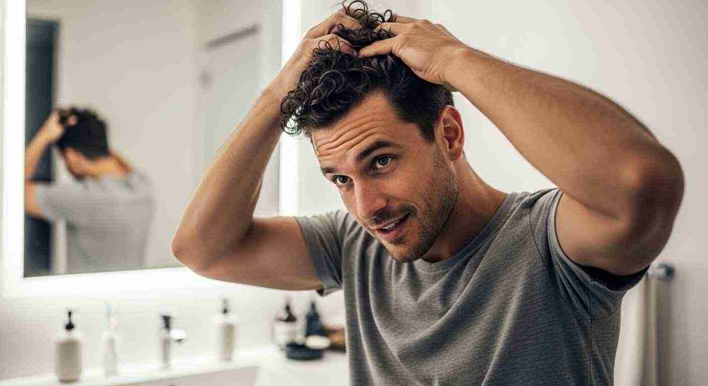 A man combs his hair in front of a mirror while applying curl-enhancing product for added texture and definition.