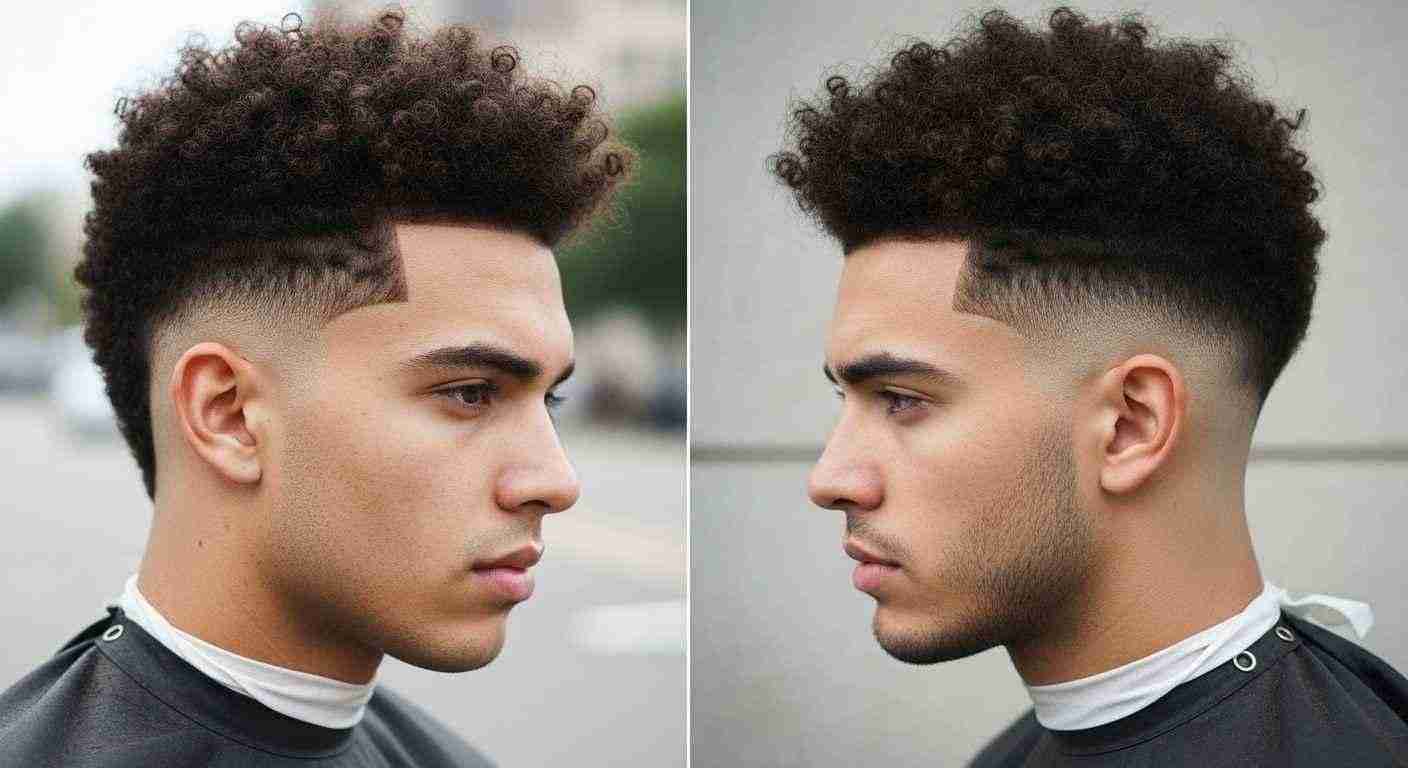  Two images of a man with curly hair featuring a curly fringe and a low taper hairstyle.