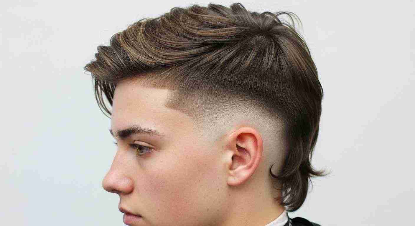 Burst Fade Mullet: 15 Best Styles For UK Men 7 A young man sporting a Skin Burst Fade Mullet hairstyle with a prominent mohawk.