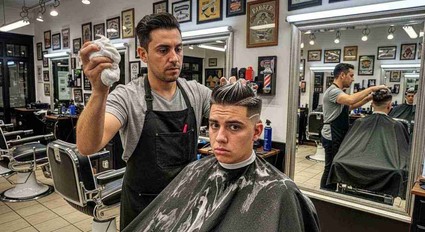 A man receiving a low taper fade haircut, with the barber applying too much product to his hair.