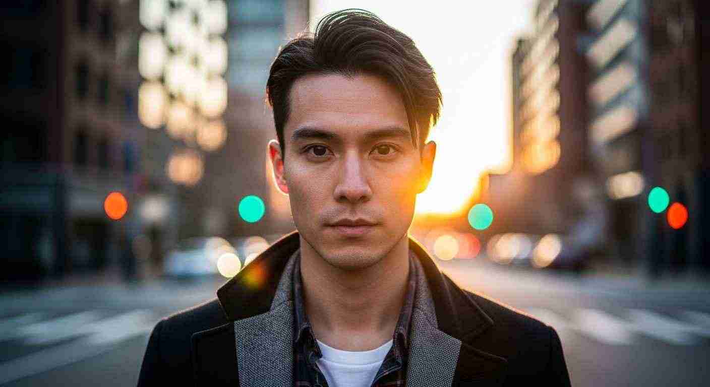  A man stands in the middle of a city street, demonstrating a low taper fade hairstyle maintenance guide.