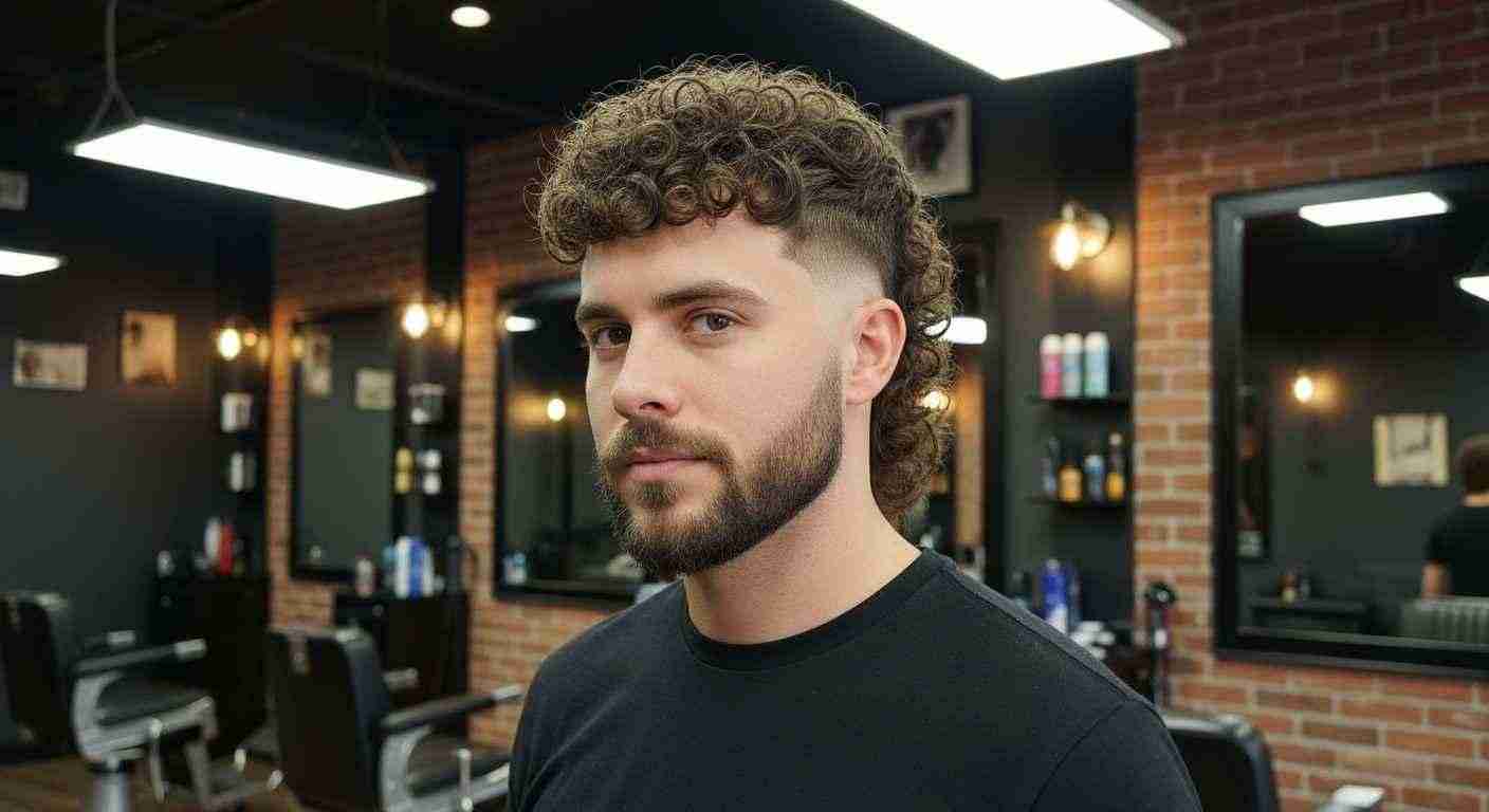 Burst Fade Mullet: 15 Best Styles For UK Men 9 A man with a beard and curly hair sporting a Curly Burst Fade Mullet in a stylish barber shop setting.