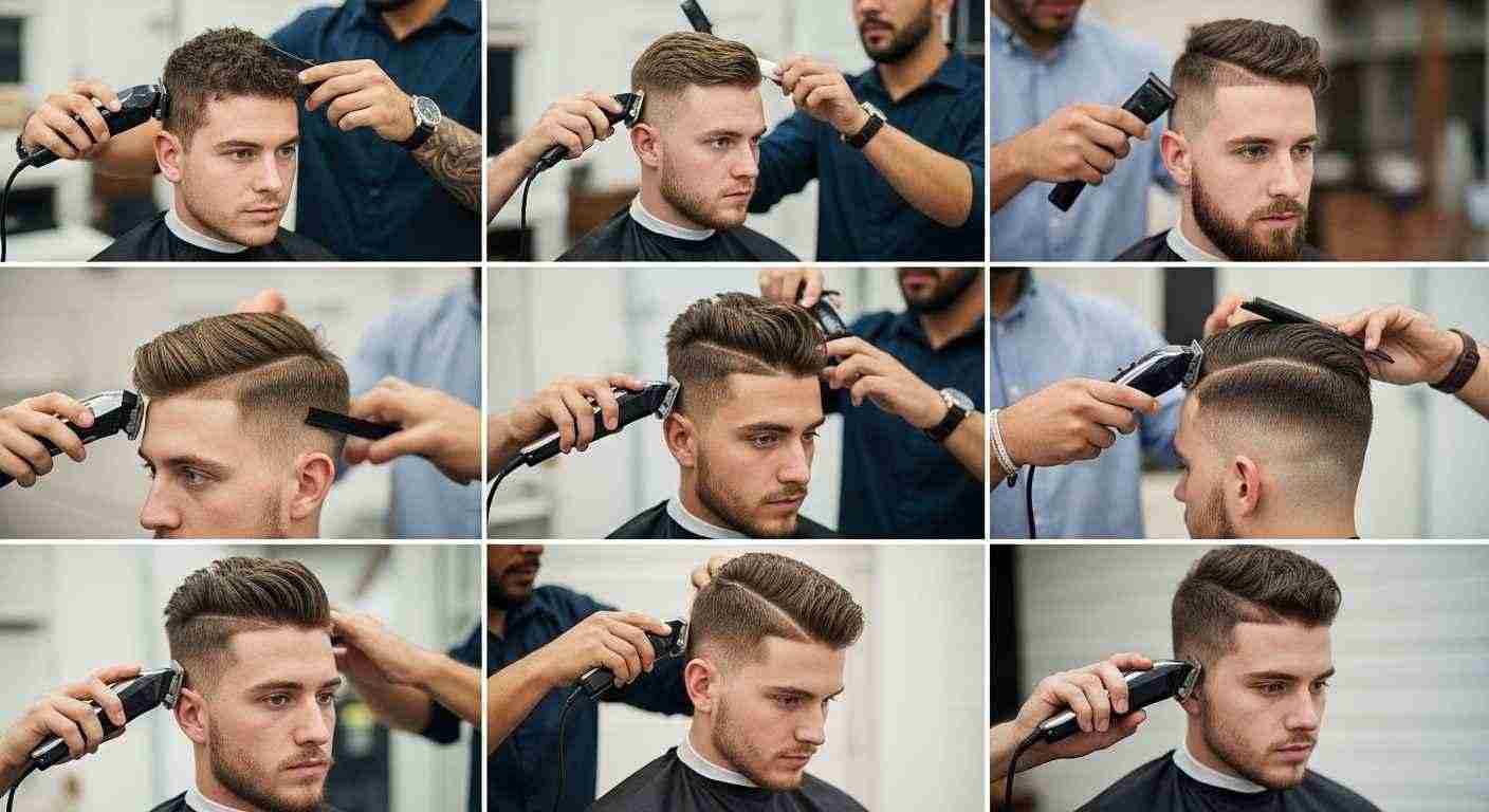 A collage depicting various stages of a man's hair, emphasizing the maintenance of taper edges throughout the styles. 