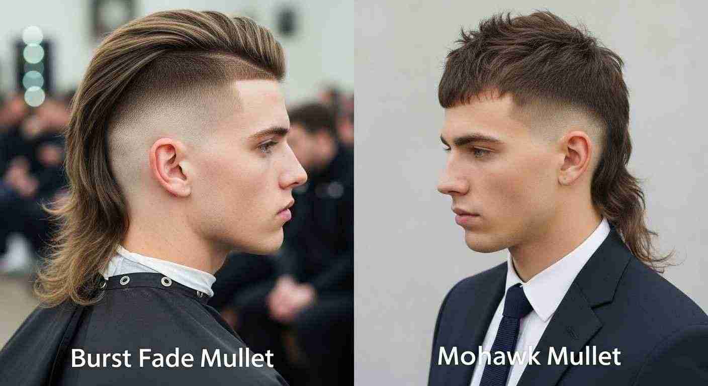 Burst Fade Mullet: 15 Best Styles For UK Men 29 Two men showcase contrasting hairstyles: one with a burst fade mullet and the other sporting a striking mohawk mullet.
